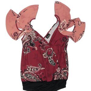 Boho Paisley Ruffle Sleeve Bodysuit – Burgundy & Blush
